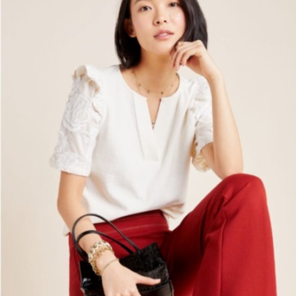 🆕 Anthropologie Jacquie Lace Sleeved Top XS by Current Air Ivory Split V Neck - Picture 1 of 4